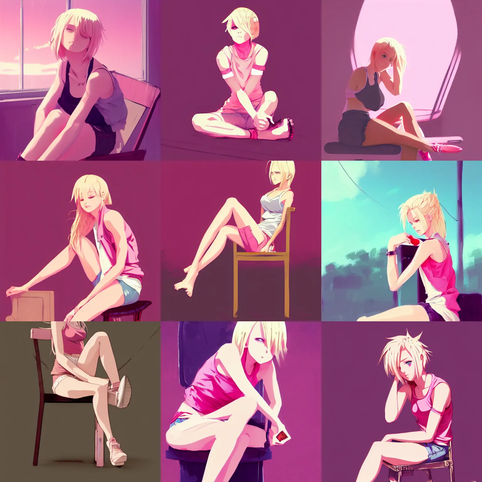 Prompt: sexy girl with blonde hair, wearing a low cut tanktop, sitting in a chair, pink color palette, in the style of greg rutkowski, high quality anime artstyle, intricate