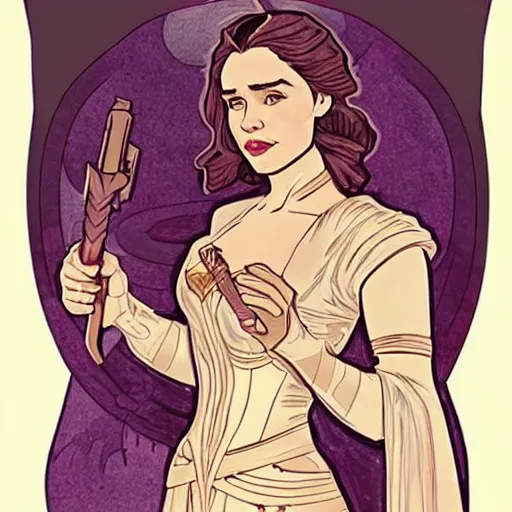 Image similar to emilia clarke as qi'ra, mucha style,