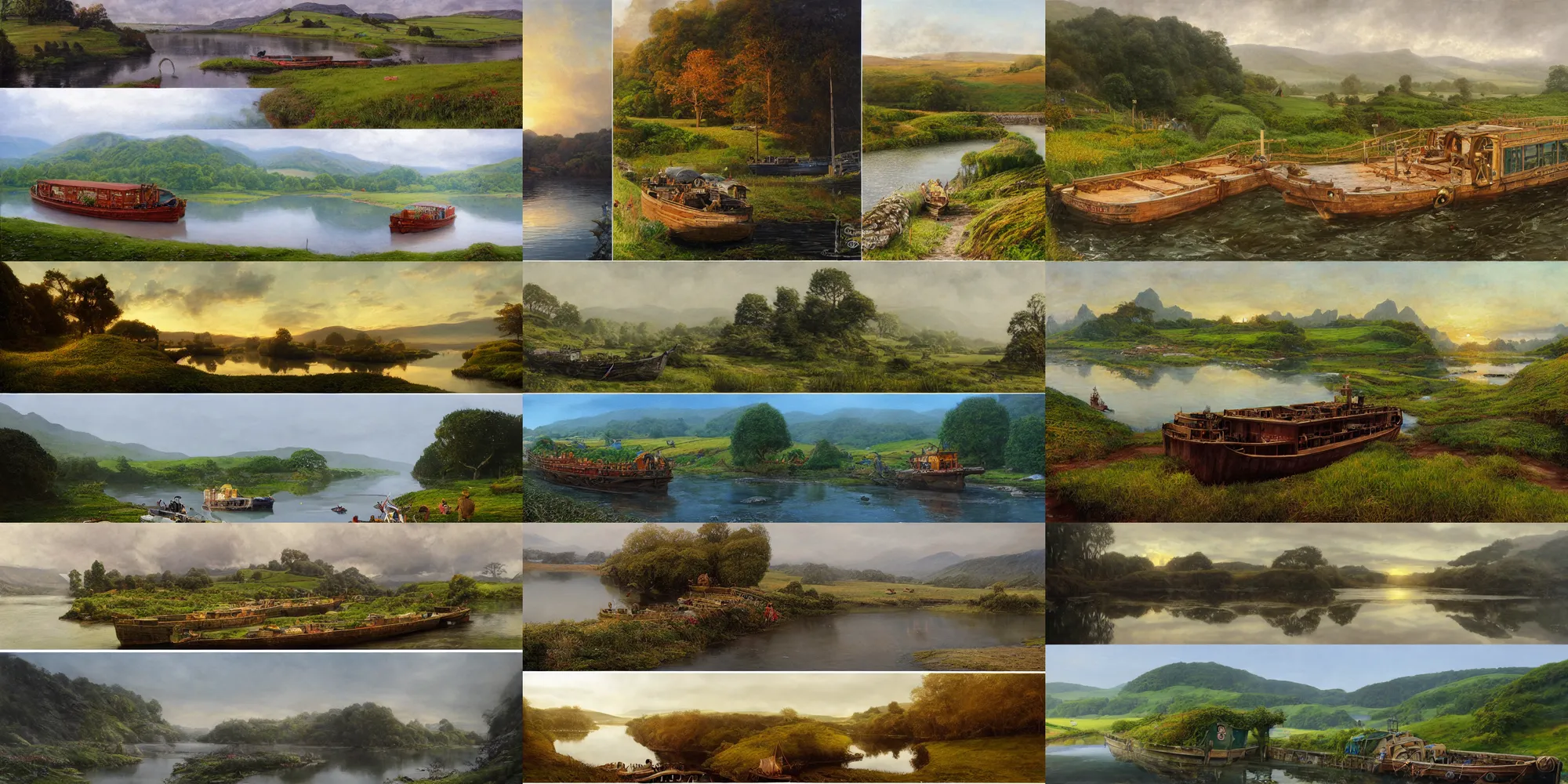 Prompt: bucklebury ferry, left : wooden ferry loaded with goods, by alan lee, right : mirror like water on a great river, rolling hills and hobbit holes in the background, sunrise, concept art, detailed trees in bloom, art station, oil painting