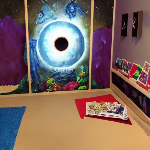 Image similar to a portal to the monster dimension under the bed in a childrens room