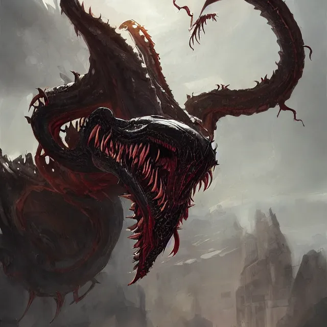 Image similar to a painting of a venom dragon by greg rutkowski, dark fantasy art, high detail, trending on artstation