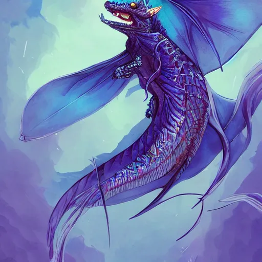 Prompt: blue betta fish dragon flying through water, long elegant fins, art, fantasy, intricate, highly detailed, digital painting, trending on artstation, concept art, smooth, sharp focus, illustration, art by Loish and WLOP