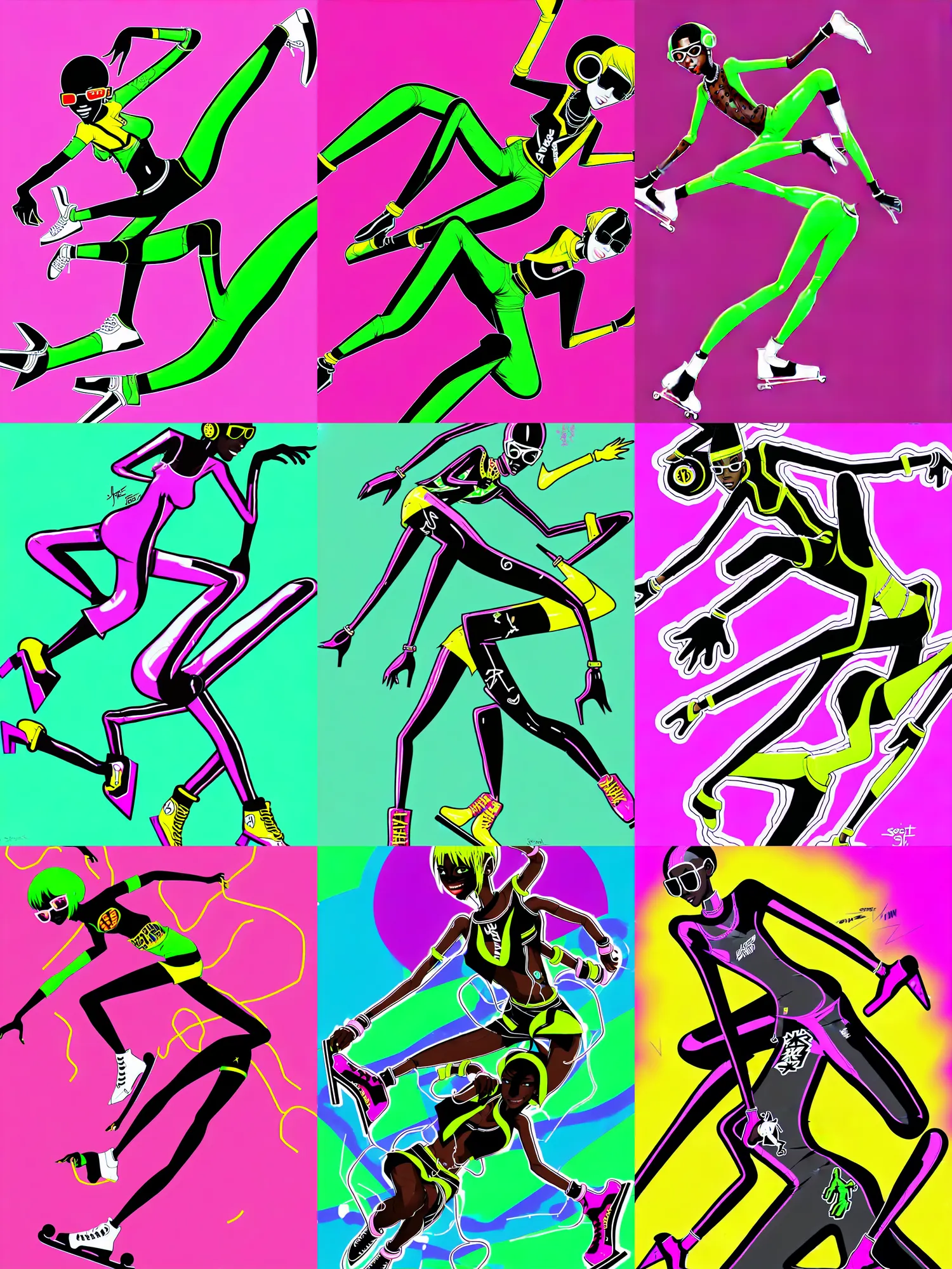 Prompt: illustration of an extremely stylish single dark skinned slender character rollerskating, see - through transparent clothing, vinyl material, colorful details, seen from below, combat posing, in the style of jordan speer, by jet set radio,