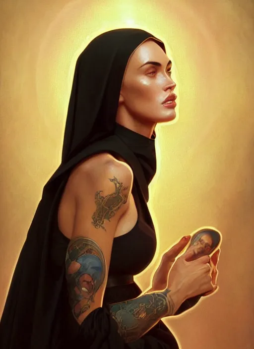 Image similar to portrait of megan fox as a sultry nun, catholic, church, bible, christian, intricate, headshot, highly detailed, digital painting, artstation, concept art, sharp focus, cinematic lighting, illustration, art by artgerm and greg rutkowski, alphonse mucha, cgsociety