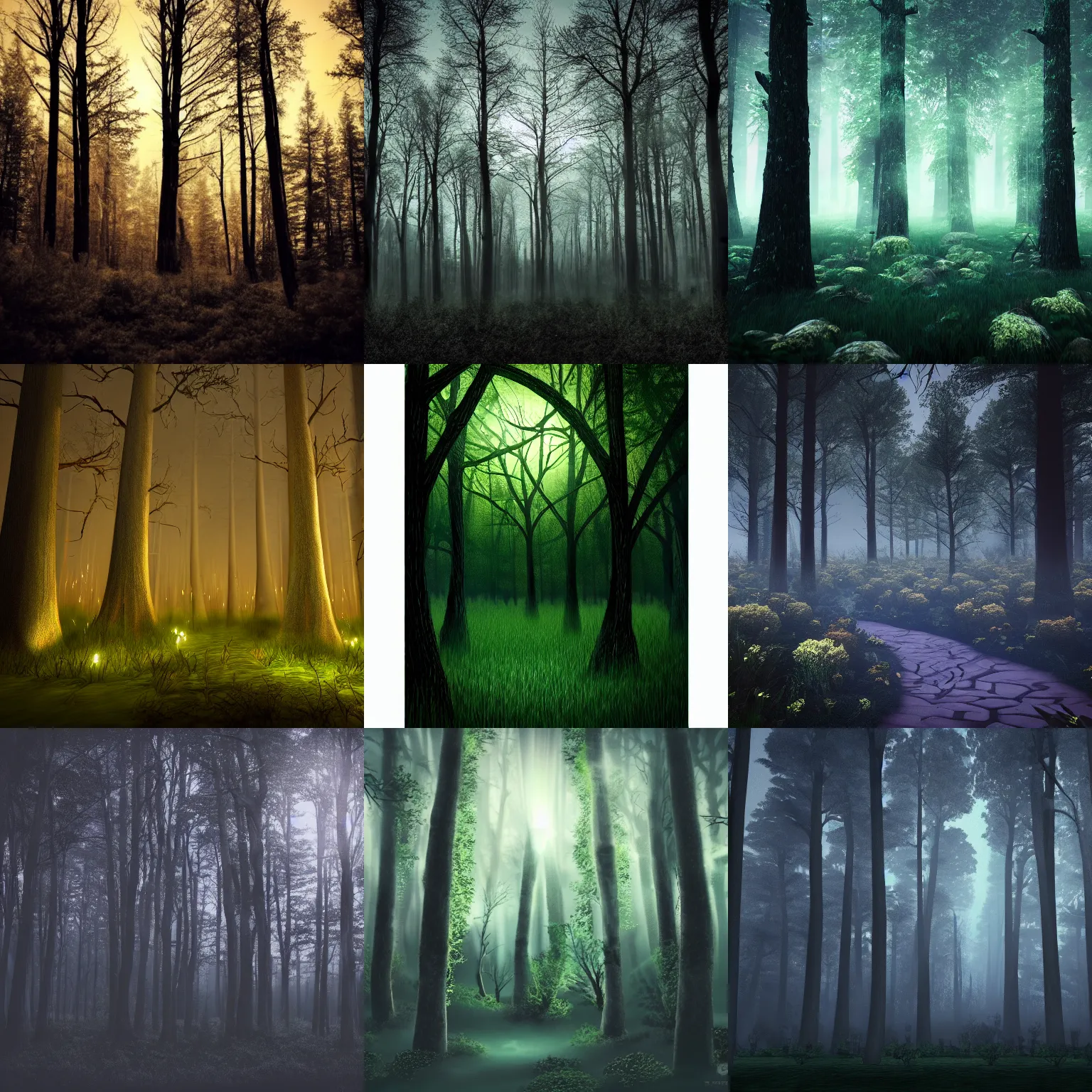 Prompt: a forest at night, lots of trees, black accents, fantasy style, 8 k