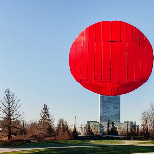 Prompt: Red Square Shape UFO Spaceship flying above green park in Edmonton Canada