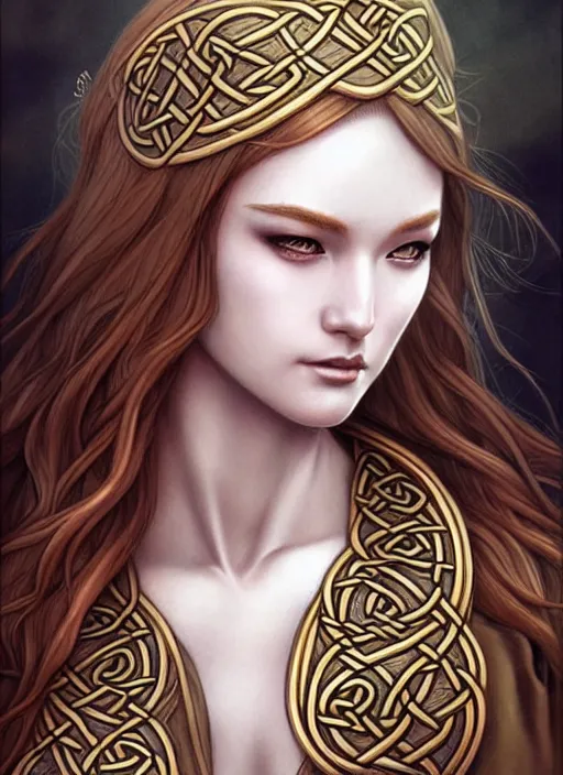 Prompt: beautiful celtic goddess, character portrait, sketch, concept art, intricate details, highly detailed photorealistic, portrait, in the style of adam hughes, seseon yoon, artgerm and warren louw