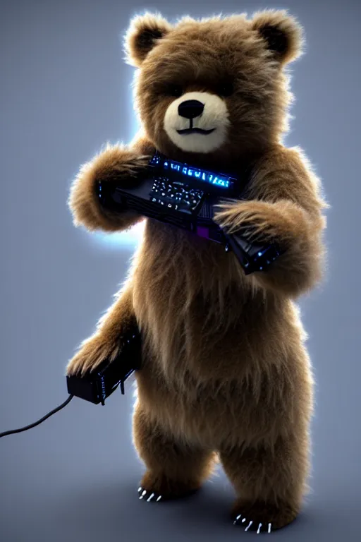 Image similar to high quality 3 d render very cute fluffy cyborg bear! plays electric guitar, cyberpunk highly detailed, unreal engine cinematic smooth, in the style of blade runner & detective pikachu, hannah yata charlie immer, moody light, low angle, uhd 8 k, sharp focus