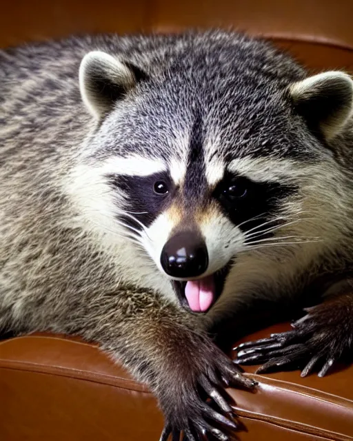 Image similar to an obese raccoon lays on it's back while watching tv from a green leather recliner, the raccoon is lazily eating from a pile of popcorn on it's belly