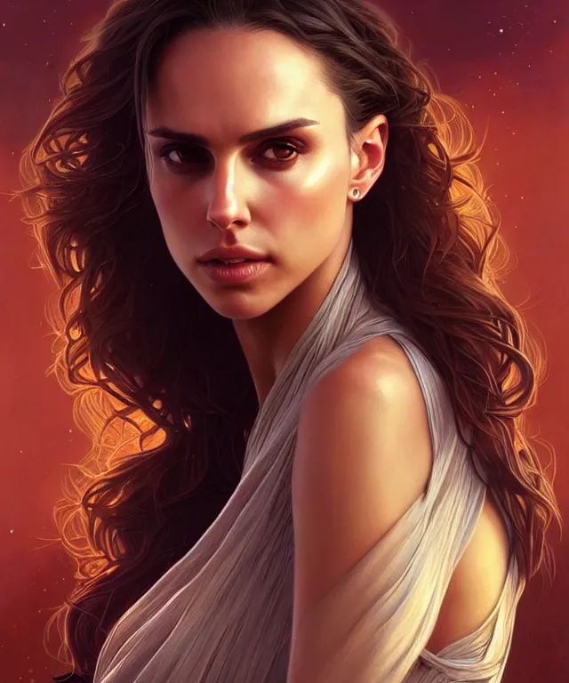 Prompt: half Nathalie portman half jessica alba portrait, sci-fi, amber eyes, beautiful face, appealing long hair, fantasy, intricate, elegant, highly detailed, digital painting, artstation, concept art, smooth, sharp focus, illustration, art by artgerm and greg rutkowski and alphonse mucha