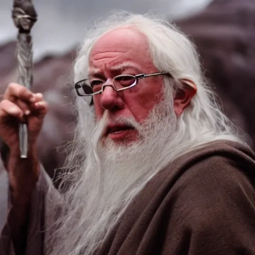 Image similar to Bernie Sanders as Gandalf the grey in full robes defending the Bridge of Khazad-dûm, 35mm film