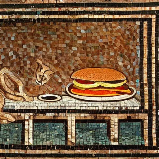 Image similar to a cat eating a hambuger in a bar, artwork roman mosaic, ancient rome, opus tesellatum.