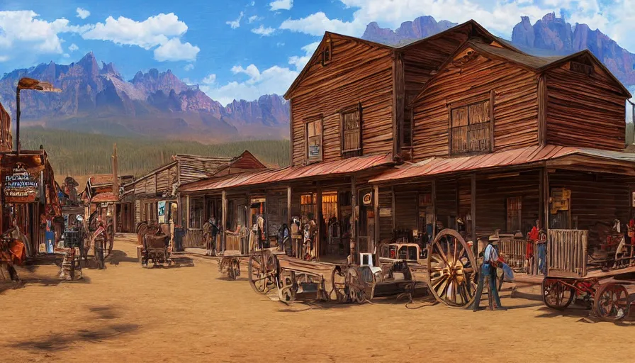 Image similar to an old west cowboy town, digital art, highly detailed, realistic, bright colors, 8 k