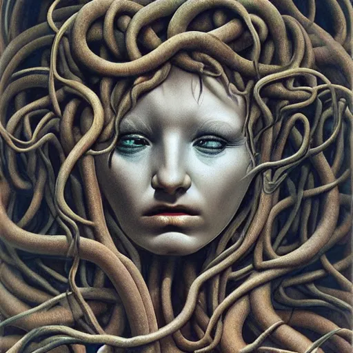 Image similar to very sad medusa, crying, tubular creature, blood vesels, no face, dystopian surrealism, art style botticelli alex ries giger zdzisław beksinski, symmetry accurate features, snake hair, stone marble, very intricate details, high resolution, high quality