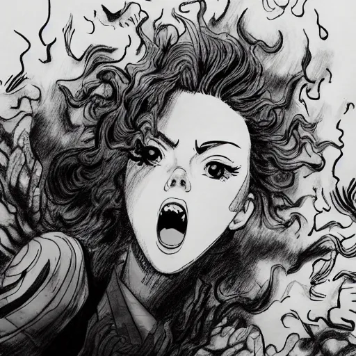 Prompt: scarlett johansson with glowing irises, screaming expression wearing gi. dramatic lighting, afro samurai anime style, pencil and ink manga drawing, centered in panel - n 9