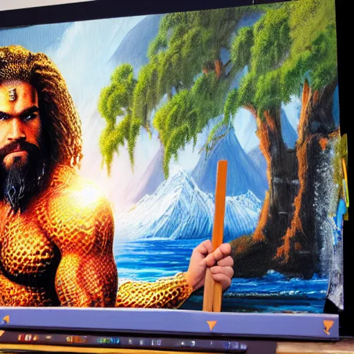 Image similar to a closeup photorealistic photograph of bob ross working on a canvas painting of aquaman. film still. brightly lit scene. mountains and trees. this 4 k hd image is trending on artstation, featured on behance, well - rendered, extra crisp, features intricate detail, epic composition and the style of unreal engine.