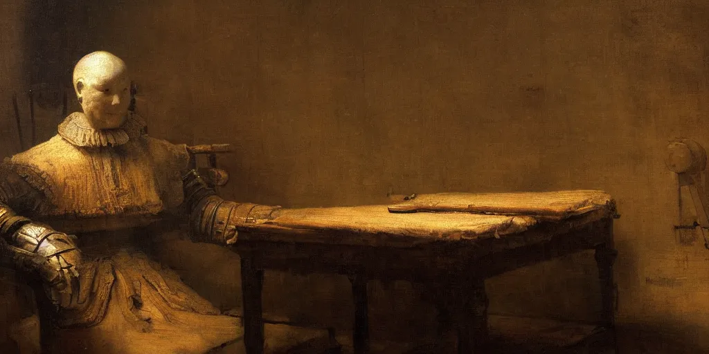 Prompt: A Rembrandt painting of a humanoid robot carefully constructing furniture, 4K, highly detailed