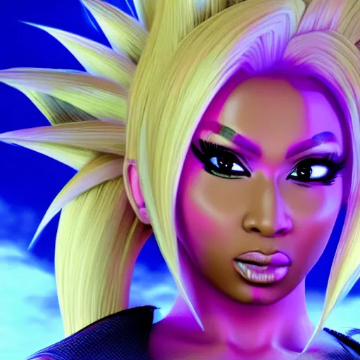 Image similar to Nicki Minaj turning to super Saiyan, 3d render,