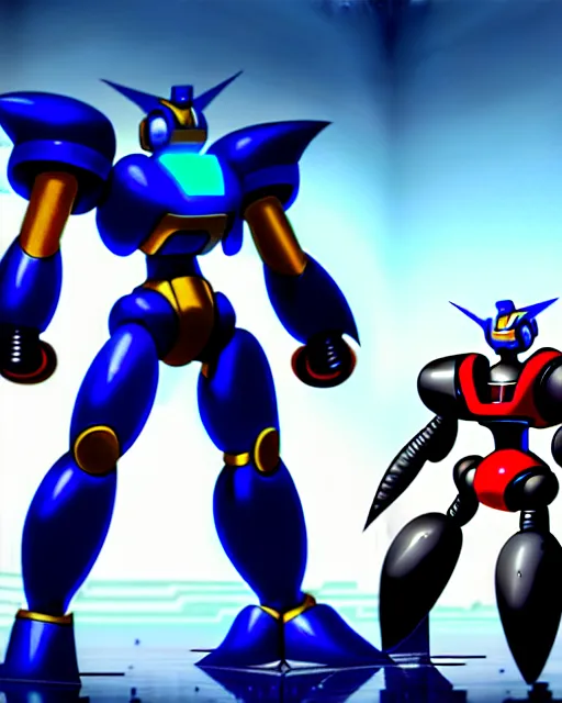 Image similar to photorealistic megaman x fighting giant robots in cyberpunk future, artstation, unreal engine, deviantart, concept art