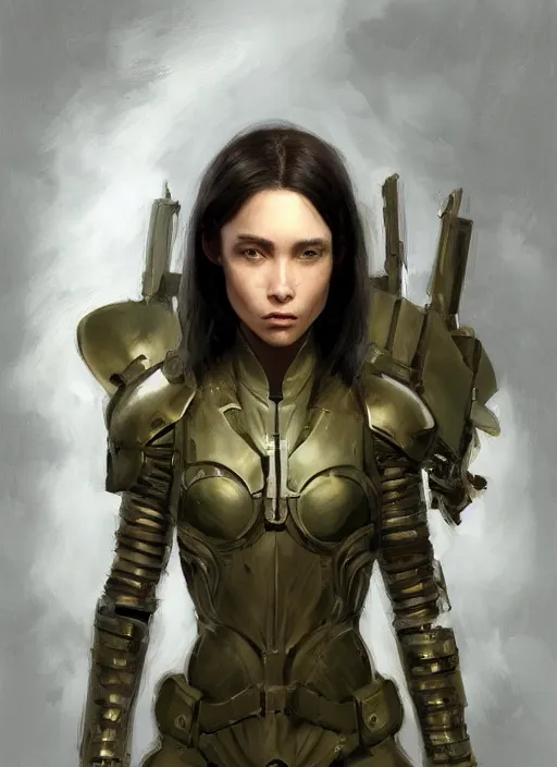 Image similar to a professional painting of a beautiful young female, clothed in military armor, olive skin, long dark hair, beautiful bone structure, symmetrical facial features, intricate, elegant, digital painting, concept art, smooth, sharp focus, illustration, from Metal Gear, by Ruan Jia and Mandy Jurgens and Artgerm and William-Adolphe Bouguerea