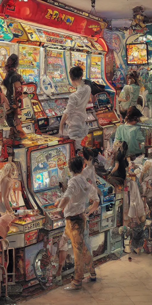 Image similar to oil painting scene from amusement arcade by kim jung gi