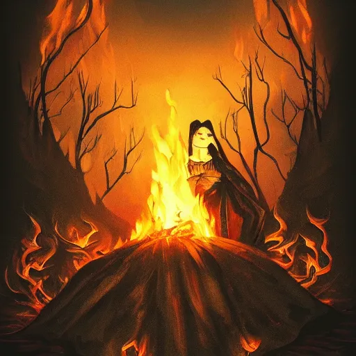 Prompt: witch on a fire burning pyre of bones, horror. dark gothic, artstation