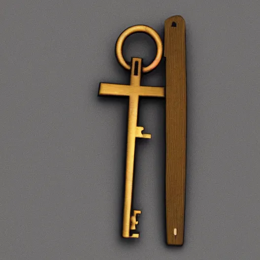 Image similar to a highly detailed key for the doors item, key is on the center of image, key has metal and wooden elements, point and click game inventory item, very detailed, dynamic lights, on the solid color background, high poly vray render, stylised textures, trending on artstation