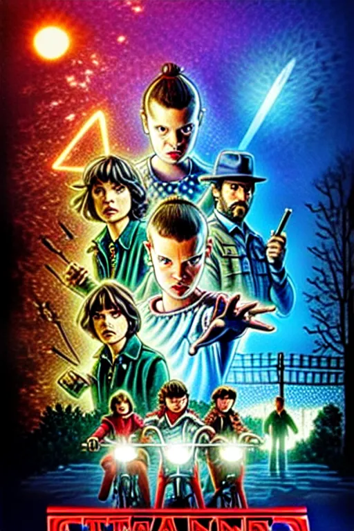 Prompt: Stranger Things Season 5 Poster with cast of Futurama, high resolution, hyper detailed, intricate, photorealistic, all cast members, netfilx !n-9