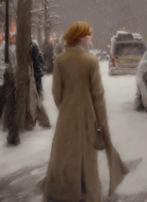 Image similar to back of emma stone in beige coat, talking to timothee chalamet in new york winter, snow, artwork by gaston bussiere, craig mullins, trending on artstation