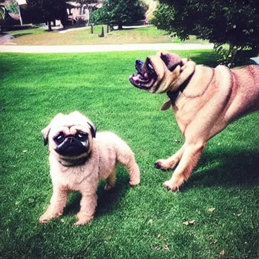 Prompt: “A Pug and a Golden Doodle playing in the suburbs”