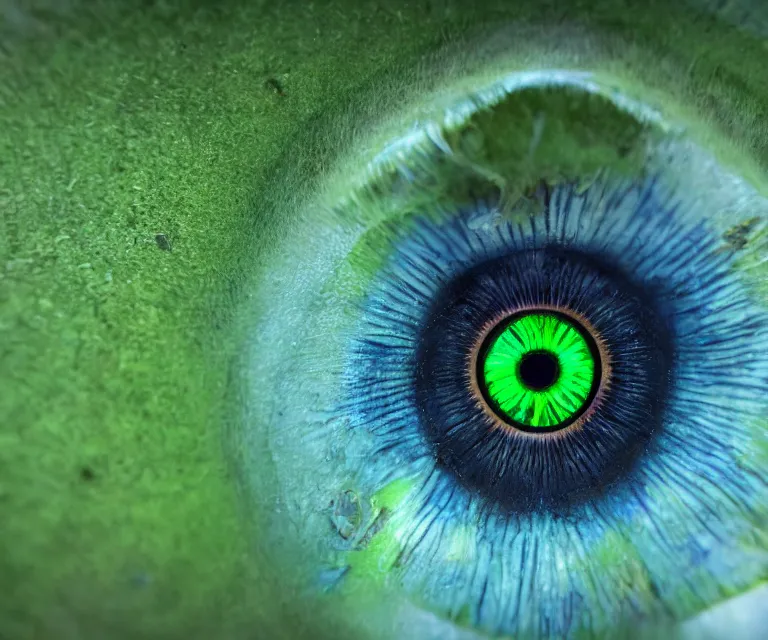 Image similar to close up of a green eye iris, perfect composition, symmetrical, blue electrical sparks, macro lens, 7 0 mm, highly detailed, photorealistic