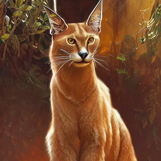 Image similar to portrait of caracal cat. elegant, highly detailed, digital painting, artstation, concept art, smooth, sharp focus, illustration, art by artgerm and greg rutkowski and alphonse mucha