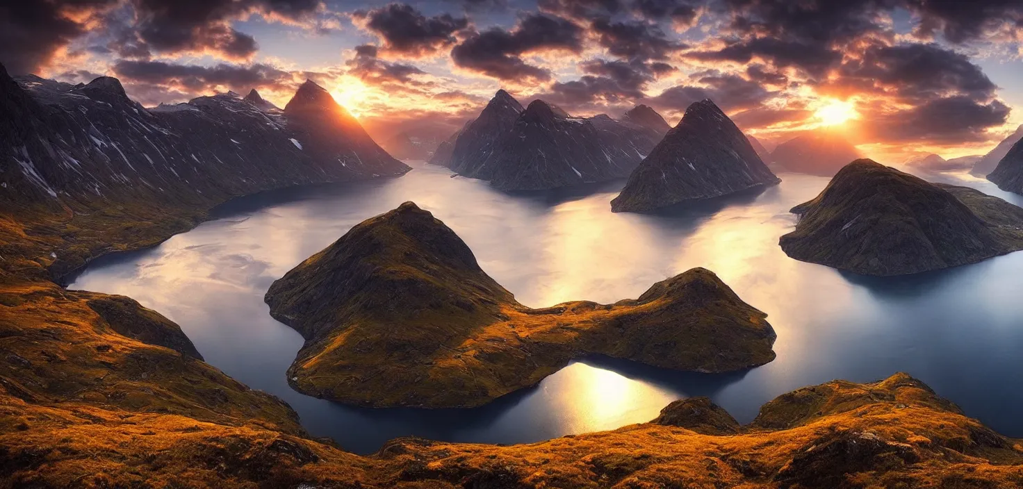 Image similar to amazing landscape photo of fjord in sunset by max rive, beautiful dramatic lighting