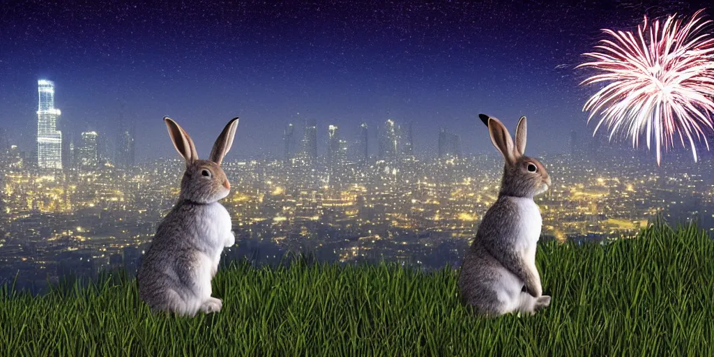 Prompt: a rabbit watching fireworks in the sky, sitting on a hill, city skyline in the background, nighttime, realistic digital art