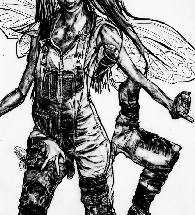 Image similar to full body pose, hd, manga anime portrait of a fairy girl in combat boots and overalls, in the style of frank miller, jim lee, detailed trending award winning on flickr artstation,