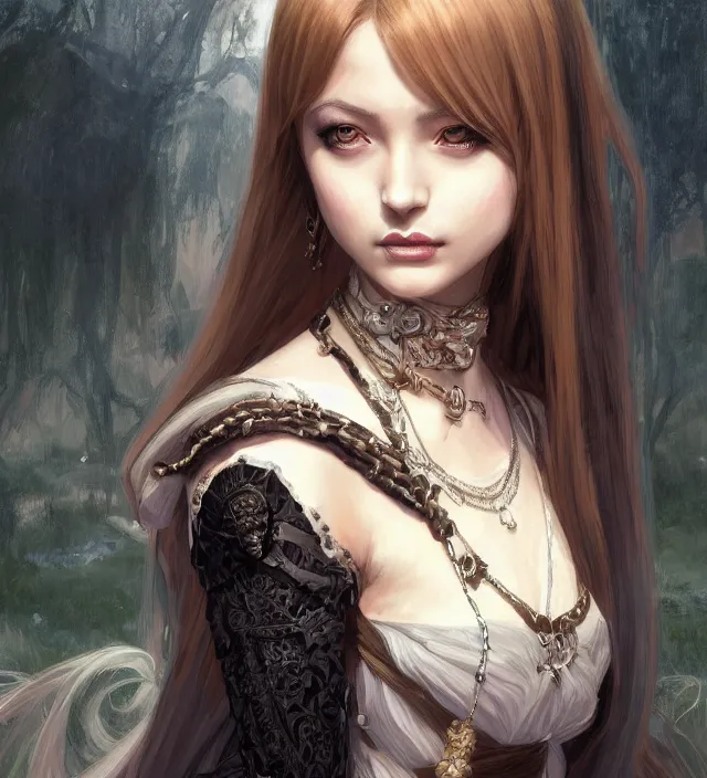 Image similar to portrait of of young beautiful female princess, d & d, centered face, gothic dress, elegant, flat lighting, intricate, highly detailed, digital painting, artstation, concept art, smooth, sharp focus, illustration, closeup, misa amane, art by simon bisley and greg rutkowski and alphonse mucha, natural tpose