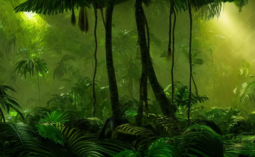 Image similar to a beautiful render of a prehistoric rainforest, lush flora, insects flying around, dark green, orange, intricate detail, god rays, hazy, humid, volumetric lighting, 8 k, photorealistic, raytracing effects, unreal engine 5