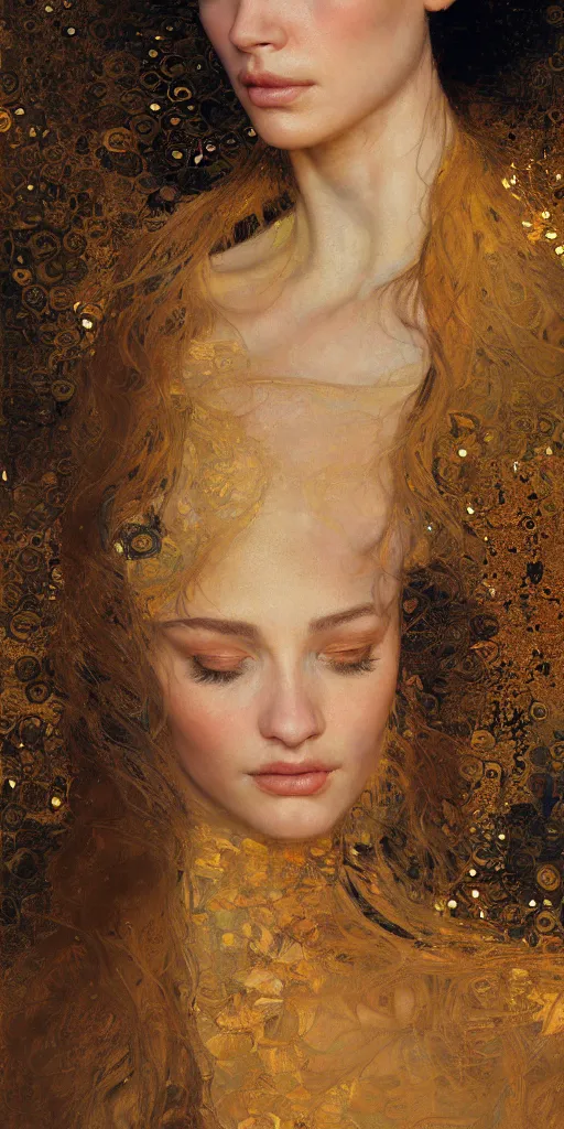 Image similar to an intricate portrait painting of an artistic pose young beautiful elegant angel, klimt golden motives and textures, hyper - detailed, octane render, vivid colors, artstation, by jeremy mann, by gustav klimt