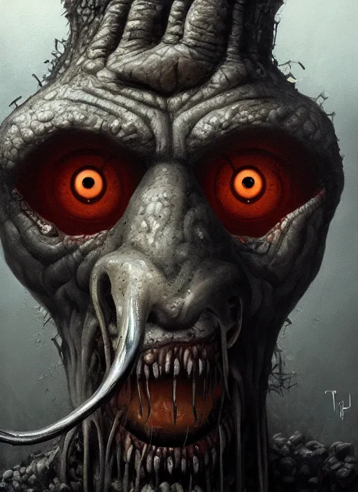Image similar to close up portrait of a monster in the sinister valley of despair, one mouth, one nose, two eyes, oil painting by tomasz jedruszek, cinematic lighting, pen and ink, intricate line, hd, 4 k, million of likes, trending on artstation