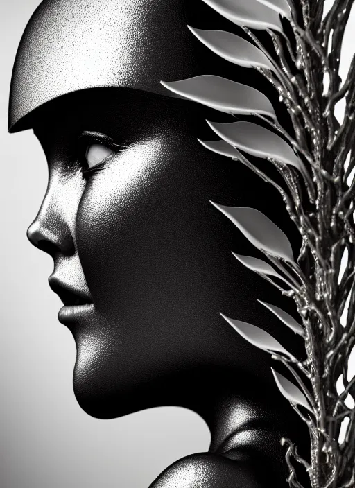 Image similar to bw contrasted close - up profile face, black background, beautiful young porcelain vegetal - dragon - cyborg - female, 1 5 0 mm, beautiful natural soft rim light, silver gold details, magnolia leaves and stems, roots, mandelbot fractal, elegant, ultra detailed, white metallic armour, octane render, h. r. giger style