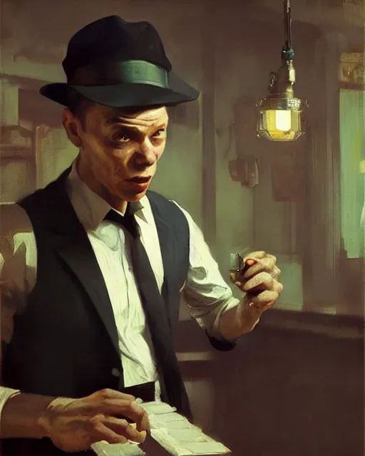 Prompt: young frank sinatra as a poor dystopian dieselpunk soviet bartender serving a client. art by greg rutkowski, gustave courbet, rosa bonheur, edward hopper. faithfully depicted facial expression, perfect anatomy, sharp focus, global illumination, radiant light, detailed and intricate environment, trending on artstation