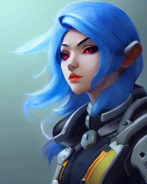 Image similar to overwatch concept art character portrait of a new character who is a wizard with blue hair, trending on artstation, cgsociety,