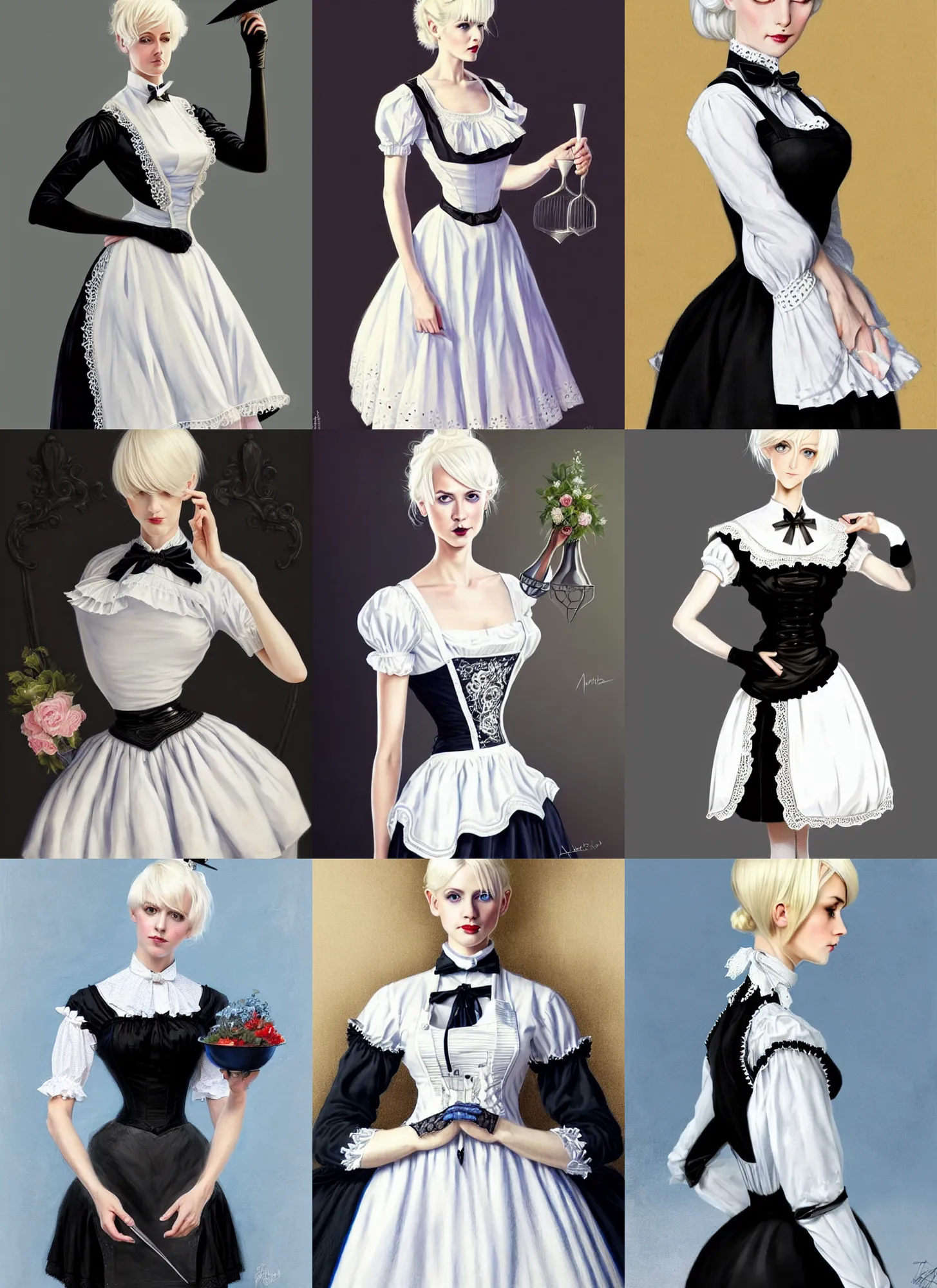 Prompt: full body!! illustration of a beautiful platinum blonde victorian maid. beautiful slender face, updo, big blue eyes, fine pointy chin, slender nose, high cheek bones, soft lips. maid black dress with white apron. lace, embroidery, leather, studs. intricate, elegant, artstation, sharp focus, art by artgerm and greg rutkowski