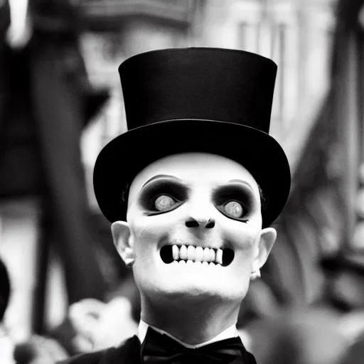 Image similar to The Babadook in black coat and top hat at a pride parade, photograph