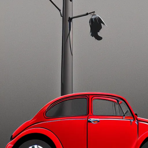 Image similar to red beetle car on top of a tall pole, digital art, photorealistic