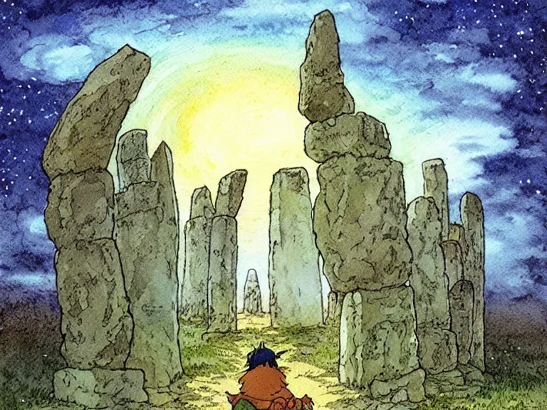 Image similar to a simple watercolor studio ghibli movie still fantasy concept art of a giant wizard playing in a tiny stonehenge. it is a misty starry night. by rebecca guay, michael kaluta, charles vess