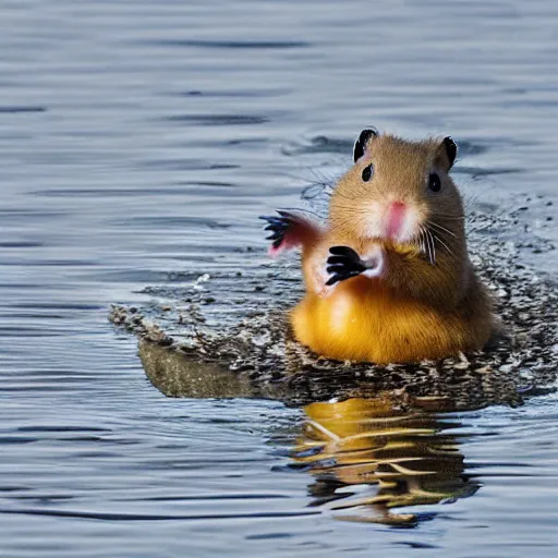Prompt: a hamster riding a duck, wildlife photography-g