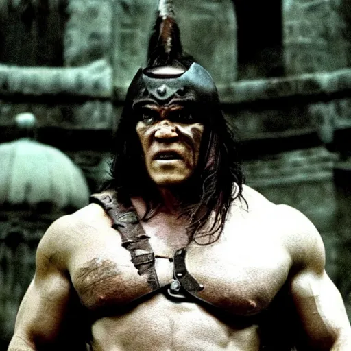 Prompt: conan the barbarian as bane in the dark knight ( 2 0 0 8 )