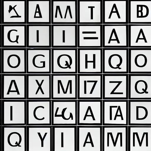 Image similar to latin alphabet in square boxes, symmetrical, grayscale, sharp