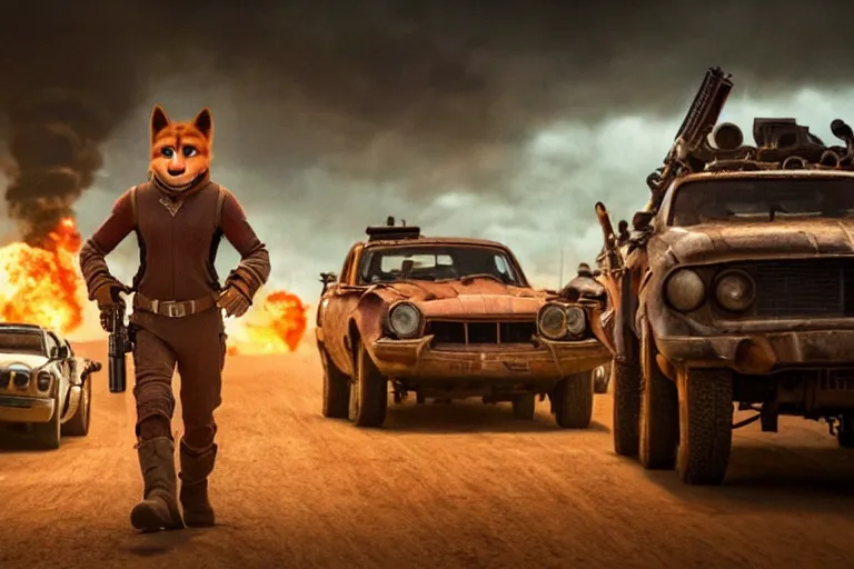 Image similar to nick wilde, heavily armed and armored facing down armageddon in a dark and gritty reboot from the makers of mad max : fury road